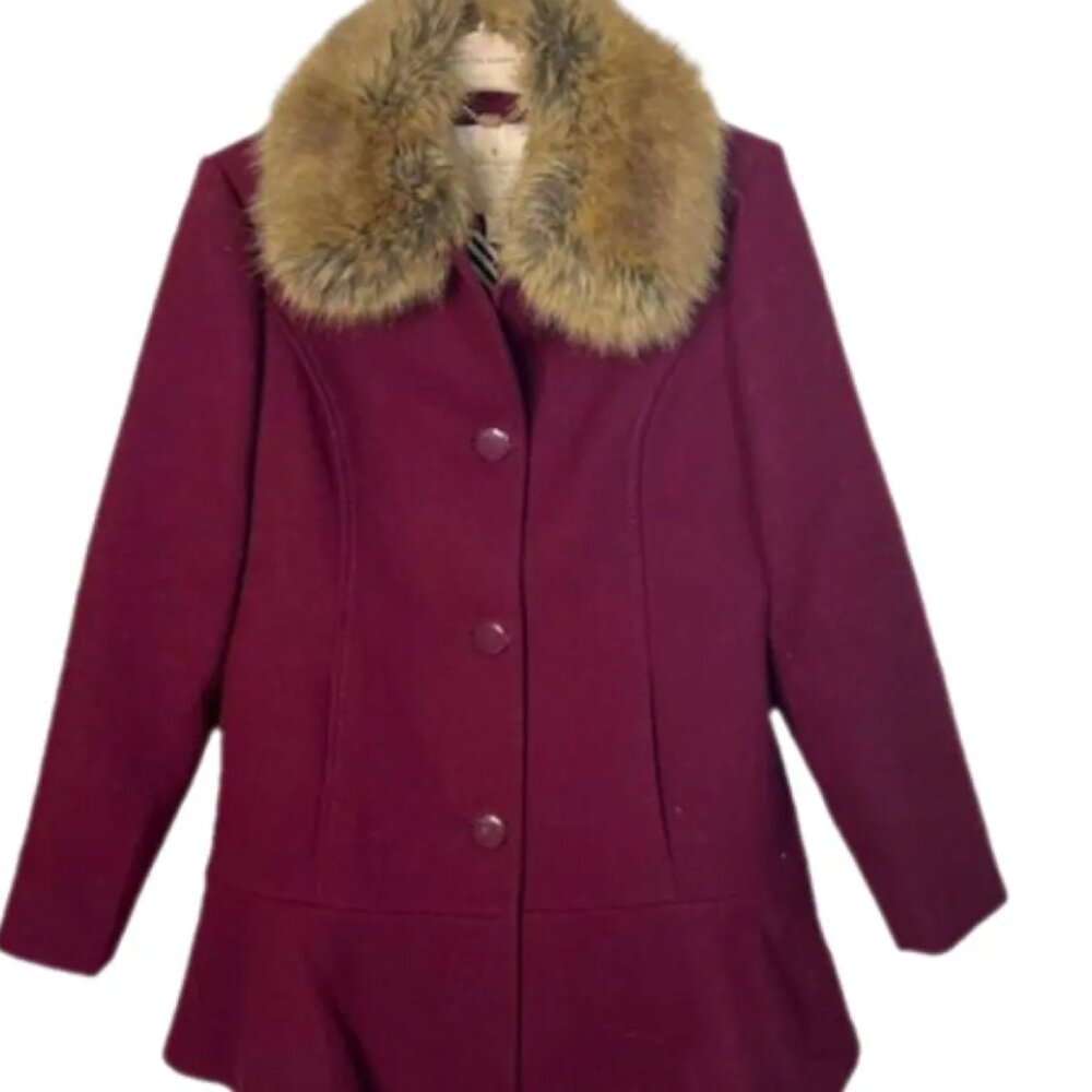 Kate Spade Coat Flounce Wool Peacoat Fur Hood in Maroon Size M - Picture 3 of 4